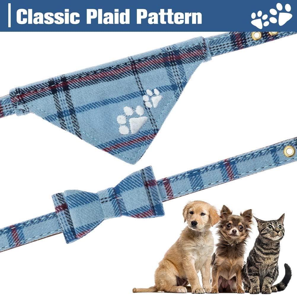 EXPAWLORER Juego de correa y collar para perro, paquete de 3 unidades bordadas con estampado de patas, collar de perro a cuadros y correa sin