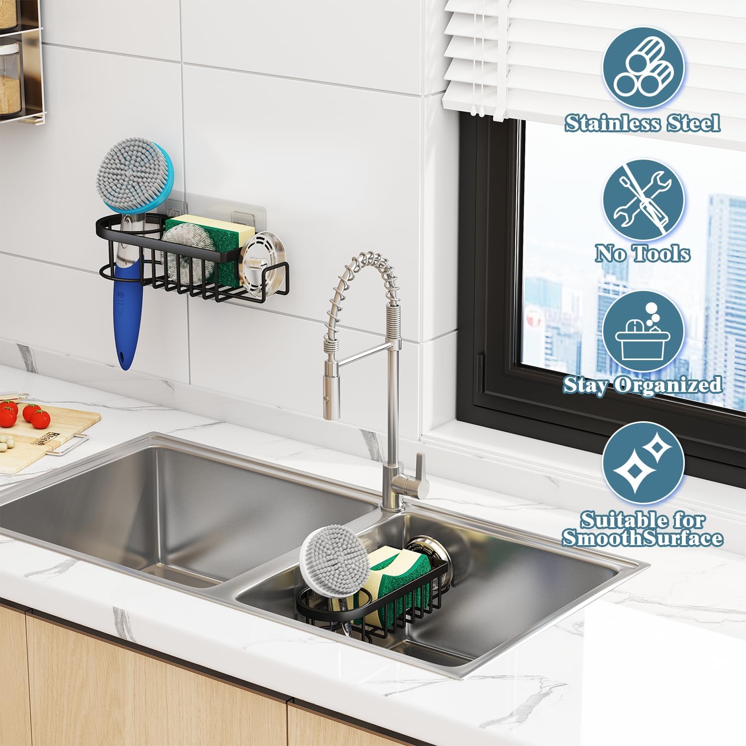Escurridor de platos, escurridor de platos para encimera de cocina, escurridor de platos de acero inoxidable con soporte adicional para esponja para
