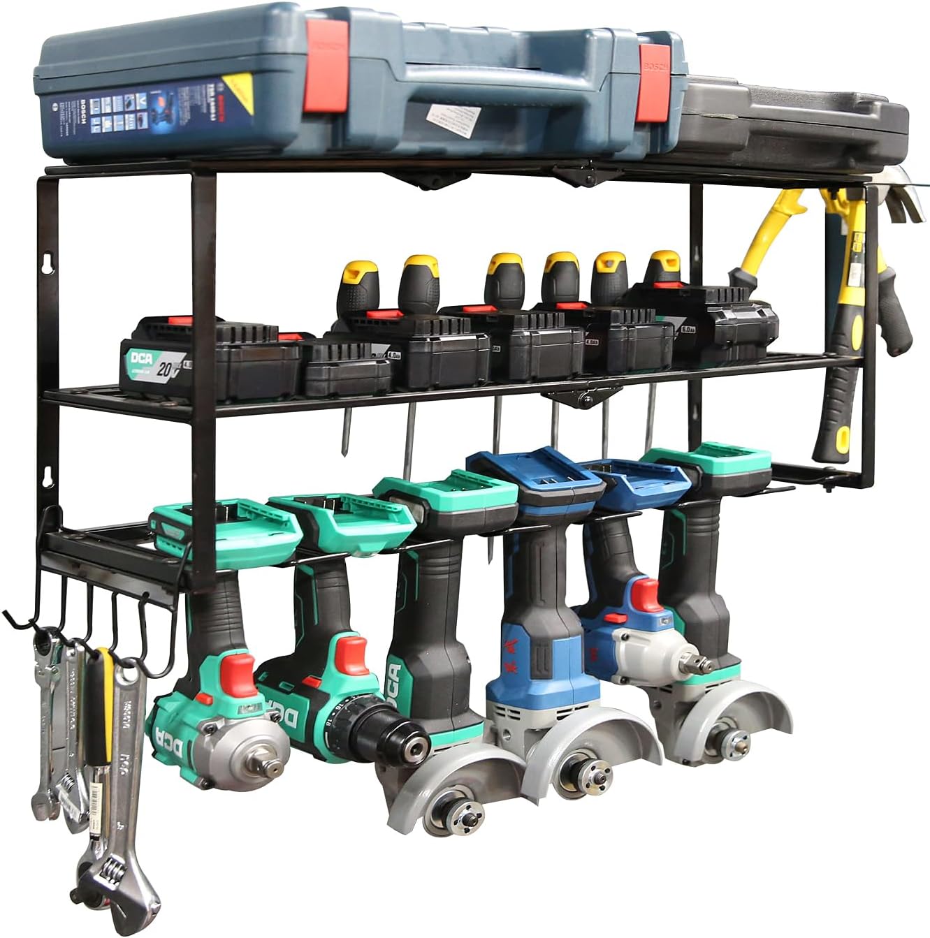 XITAO Organizador de herramientas eléctricas, soporte de pared, 7 soportes para taladro con tableros de clavijas laterales y ganchos, estante de