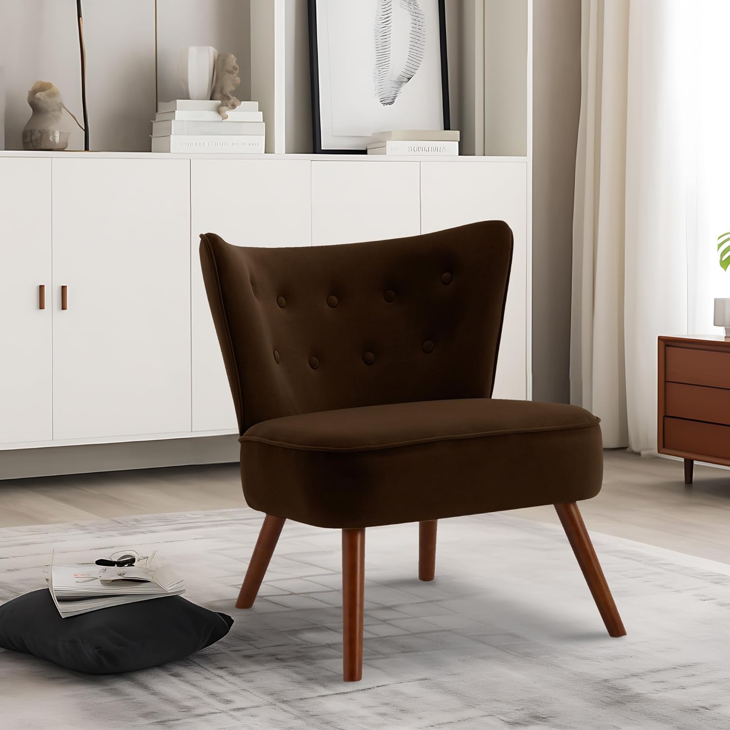 RUOVU Sillas decorativas de terciopelo modernas de mediados de siglo, sillas de sala de estar sin brazos con patas de madera, sillas de club con