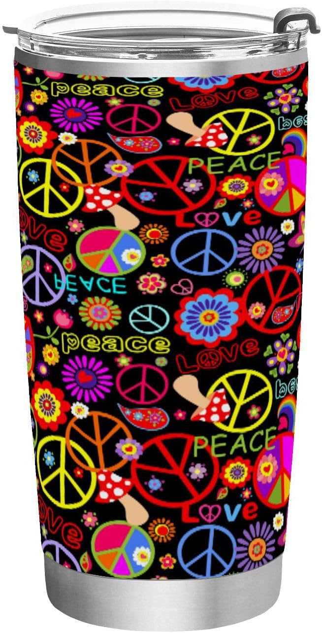 Taza aislada de acero inoxidable con diseño de arcoíris y texto en inglés “Peace Love” de 20 onzas, a prueba de fugas, reutilizable, con tapa y