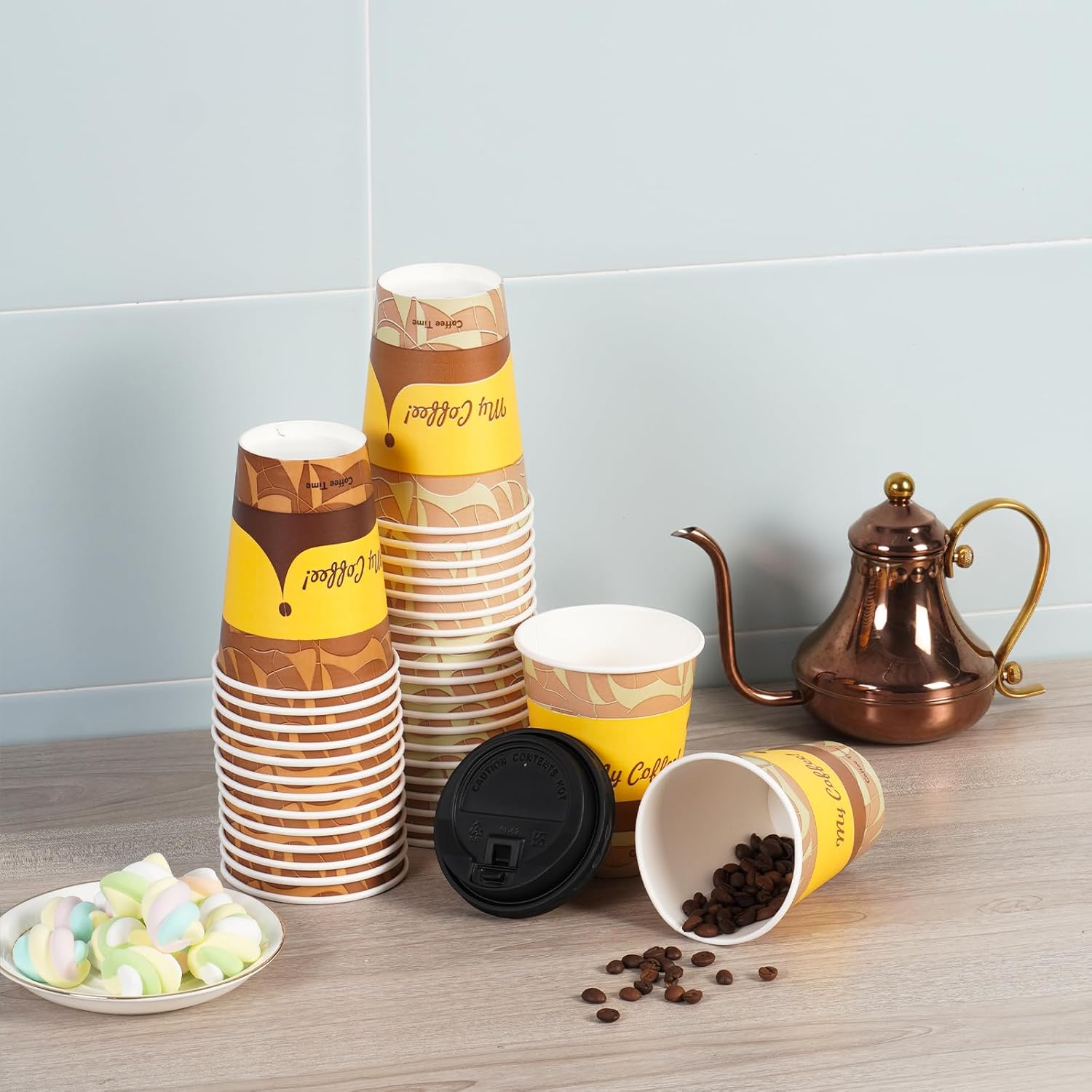 Tamone Paquete de 100 tazas de café de papel de 12 onzas, tazas de café desechables con tapas, tazas de bebida fríacaliente para café, agua, jugo o