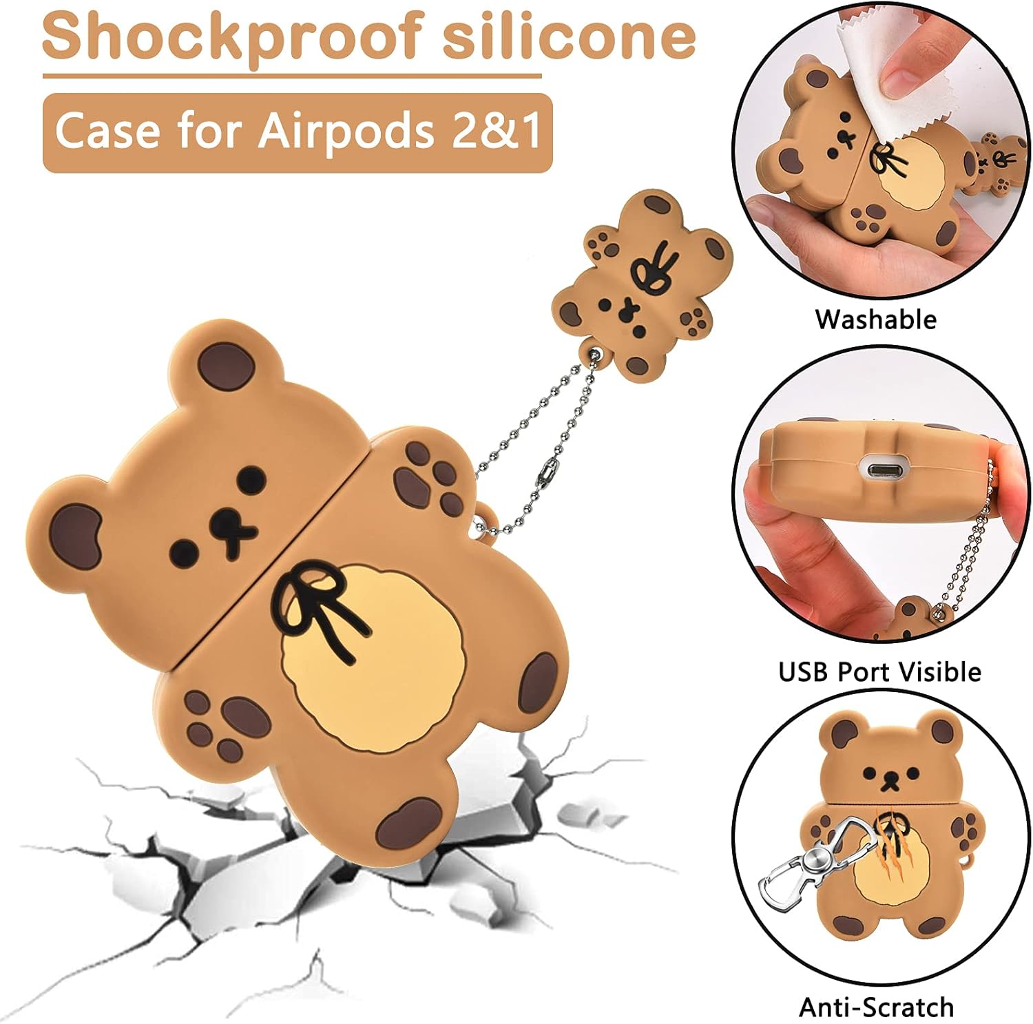 Lindas fundas para AirPods con llavero de oso de dibujos animados, diseño de oso de galleta, funda de silicona protectora completa compatible con