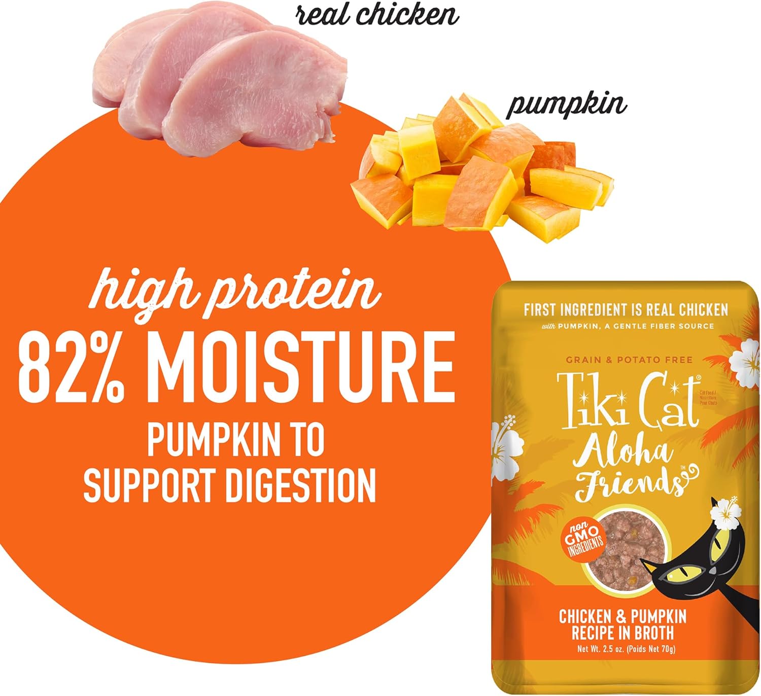 Tiki Cat Aloha Friends Alimento húmedo y sin cereales para gatos de todas las edades, recetas de pollo con calabaza, sobres de 2.5 onzas (paquete de