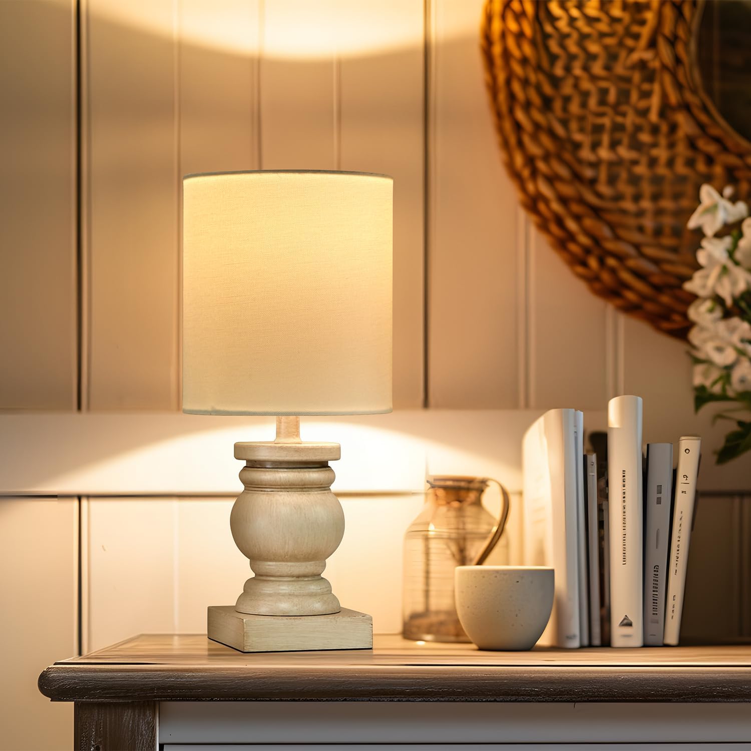OYEARS Lámpara de mesa pequeña de 12 pulgadas para dormitorio, sala de estar, lámparas de noche simples y retro de grano de madera, adecuadas para