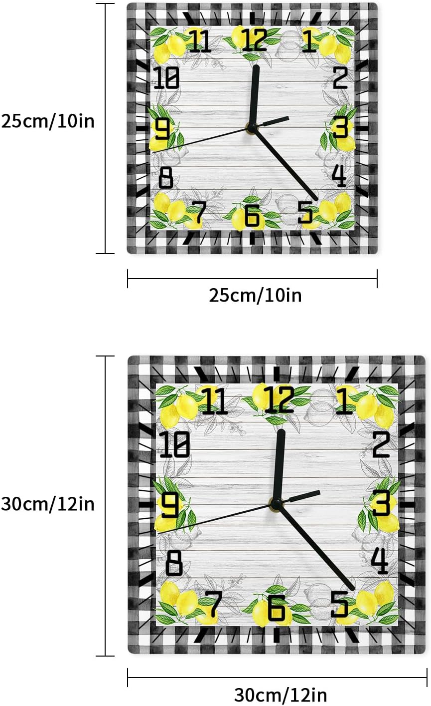 Wall Clock Yellow Lemon Battery Operated Clocks Wooden Silent Non-Ticking Wallclock 12 Inch Summer Fruit Lemon Farmhouse Plaid Square Wall Clock for