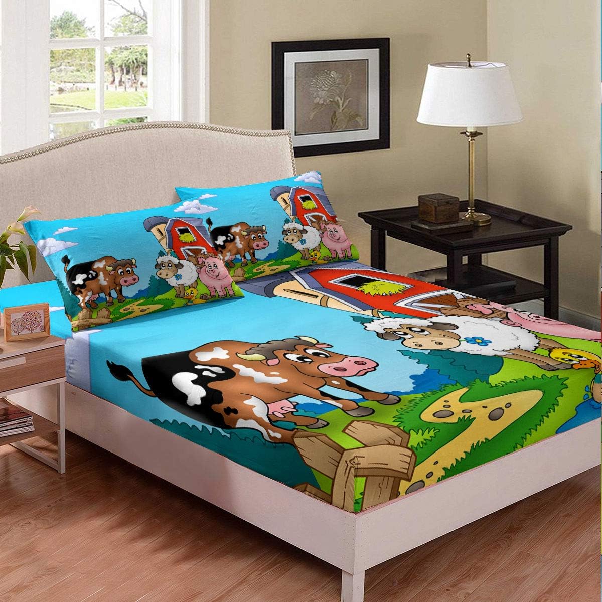 Erosebridal Juego de sábanas de alpaca de dibujos animados de ganado, vaca, cerdo, tamaño individual para niños, niñas, niños, juego de ropa de cama