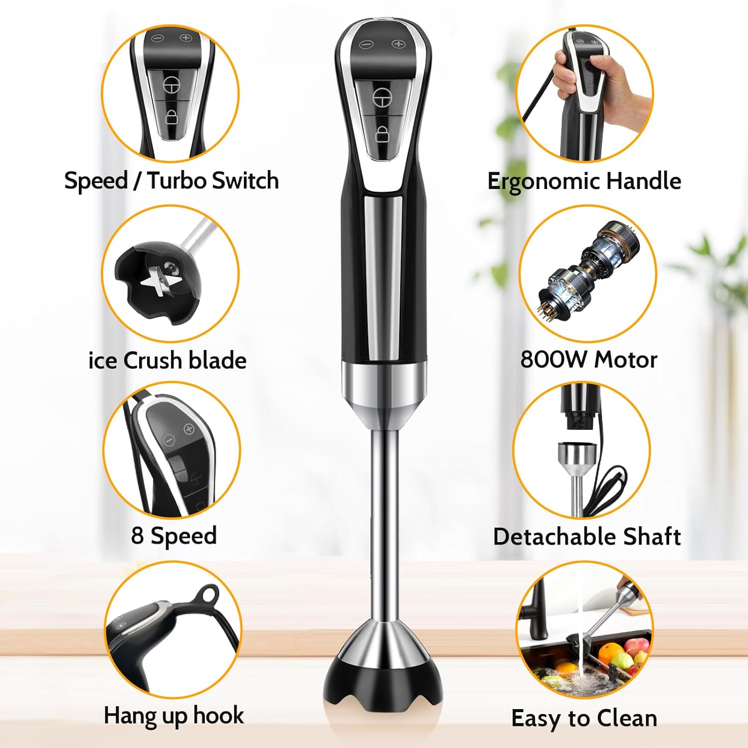 LINKChef Batidora de inmersión 4 en 1 de mano de 800 W, batidora de mano de 8 velocidades con batidor para cocina, resistente a los arañazos,