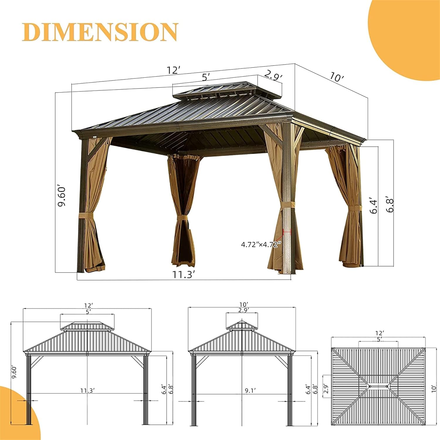 Gazebo de aluminio para exteriores con techo rígido con doble toldo de acero galvanizado para patios, terraza, patio trasero, césped y jardín,