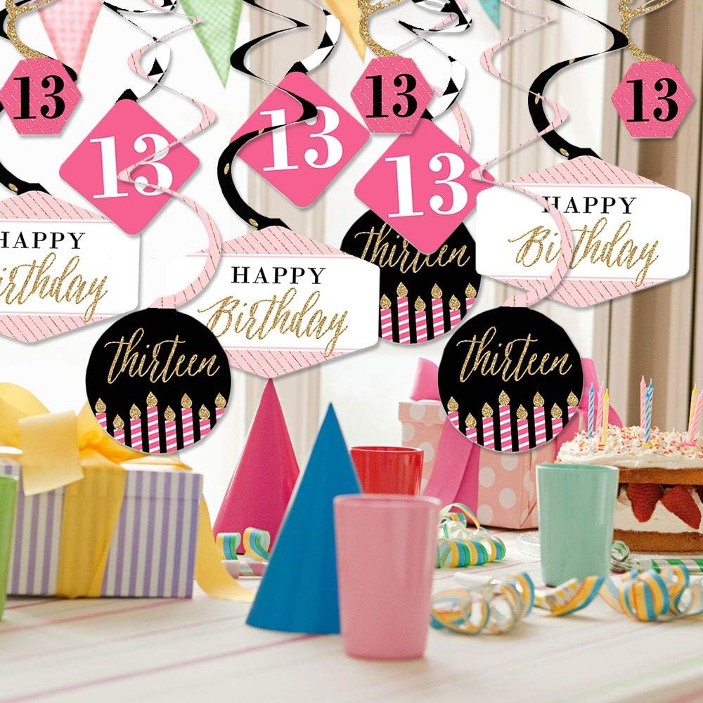 Big Dot of Happiness Elegante 13 cumpleaños – rosa, negro y dorado – Remolinos decorativos colgantes para fiesta – Juego de 40