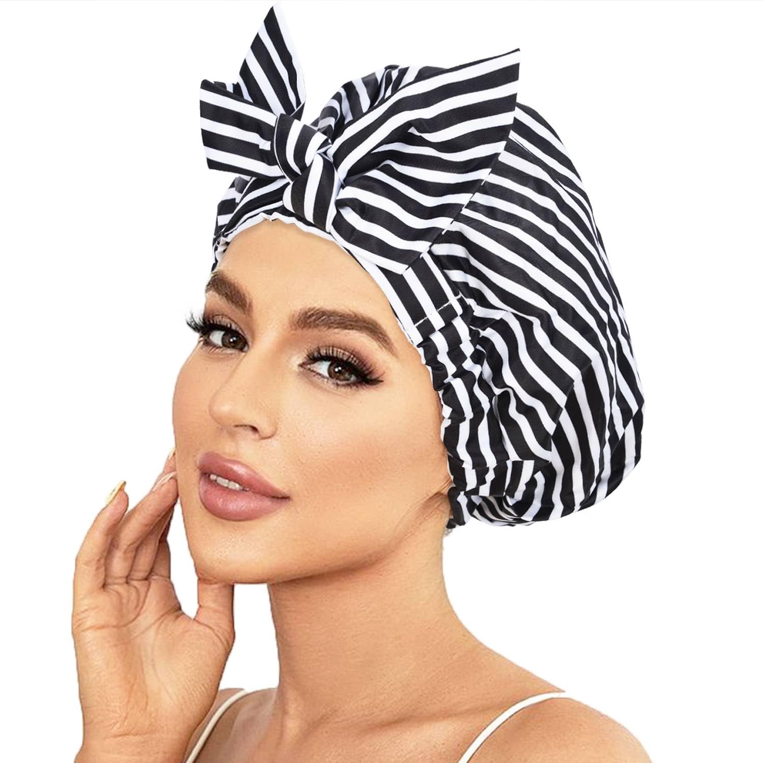 Gorro de ducha de lujo para mujer, reutilizable, impermeable, para ducha, con moño ajustable, gorro de baño (rayas negras)