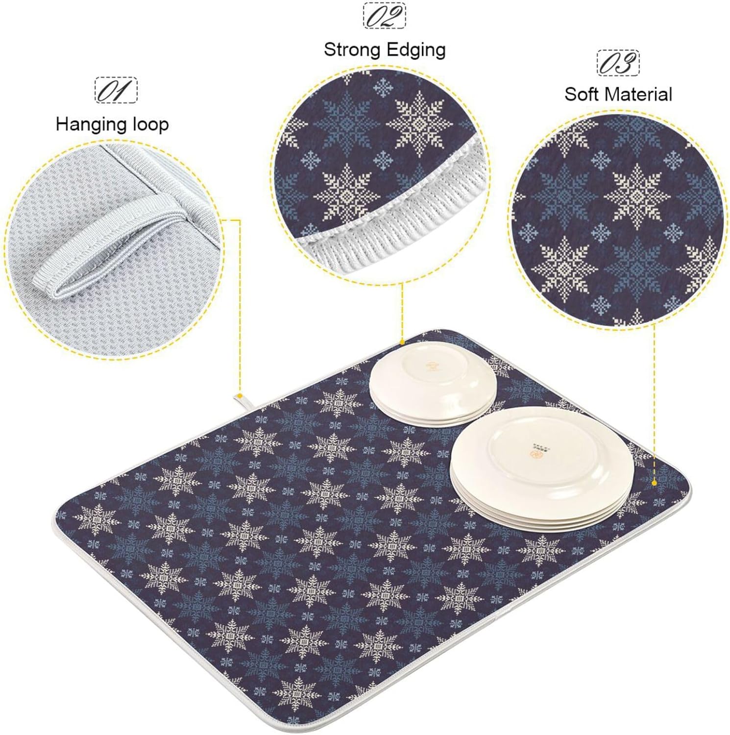 Winter Holiday Snowflakes Drying Dish Mat Washnable Absorbent Dish Drying Pad For Kitchen Counter Dish Drying Matts Tapete Para Cocina 16” x 18”