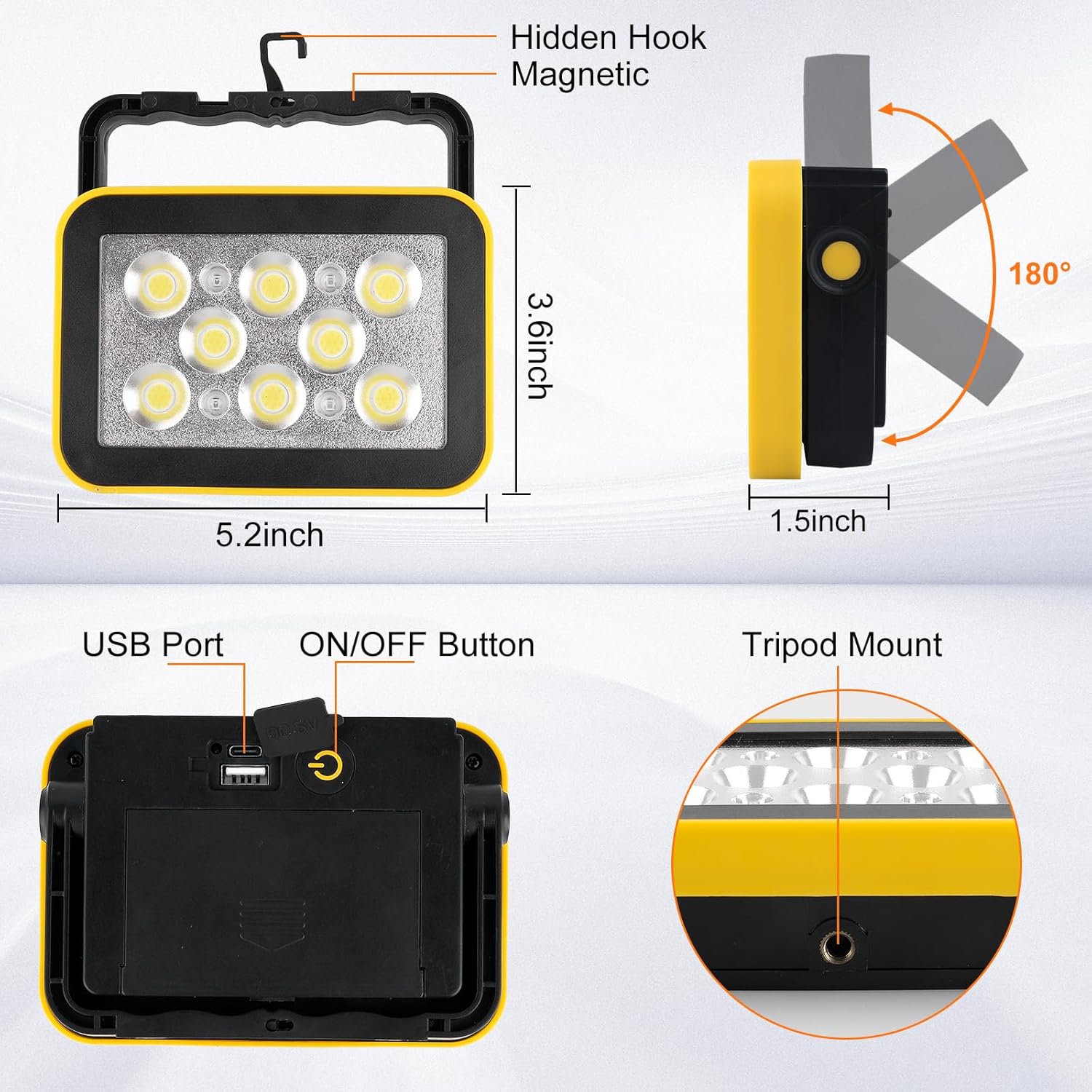 T-SUN Luz de trabajo LED recargable, luces de inundación portátiles COB, iluminación de sitio de trabajo alimentada por batería, 4 modos de luz de