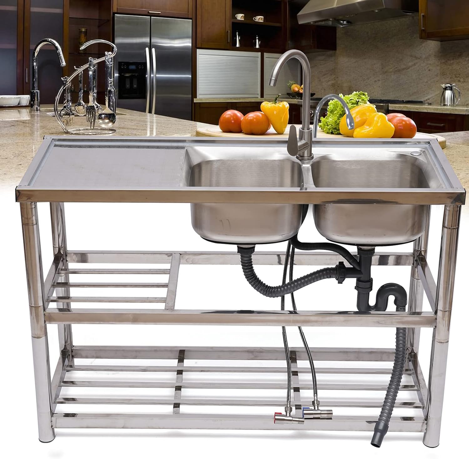 Fregadero de cocina comercial, fregadero de acero inoxidable de 2 compartimentos, fregadero de restaurante independiente, mesa de preparación de
