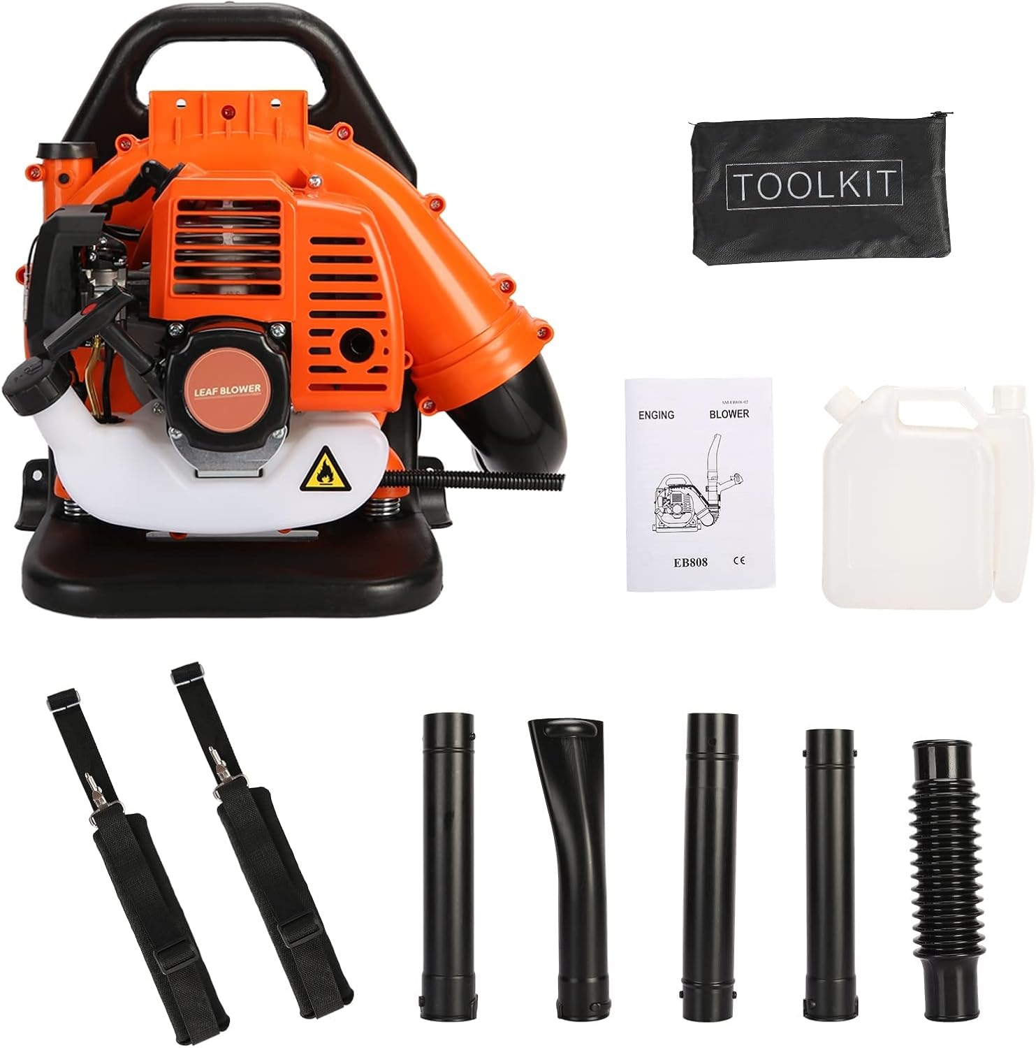 Soplador de hojas de mochila, soplador de hojas inalámbrico a gas de 52 cc, soplador de nieve motor de 2 tiempos, tanque de combustible de 1.2 L,