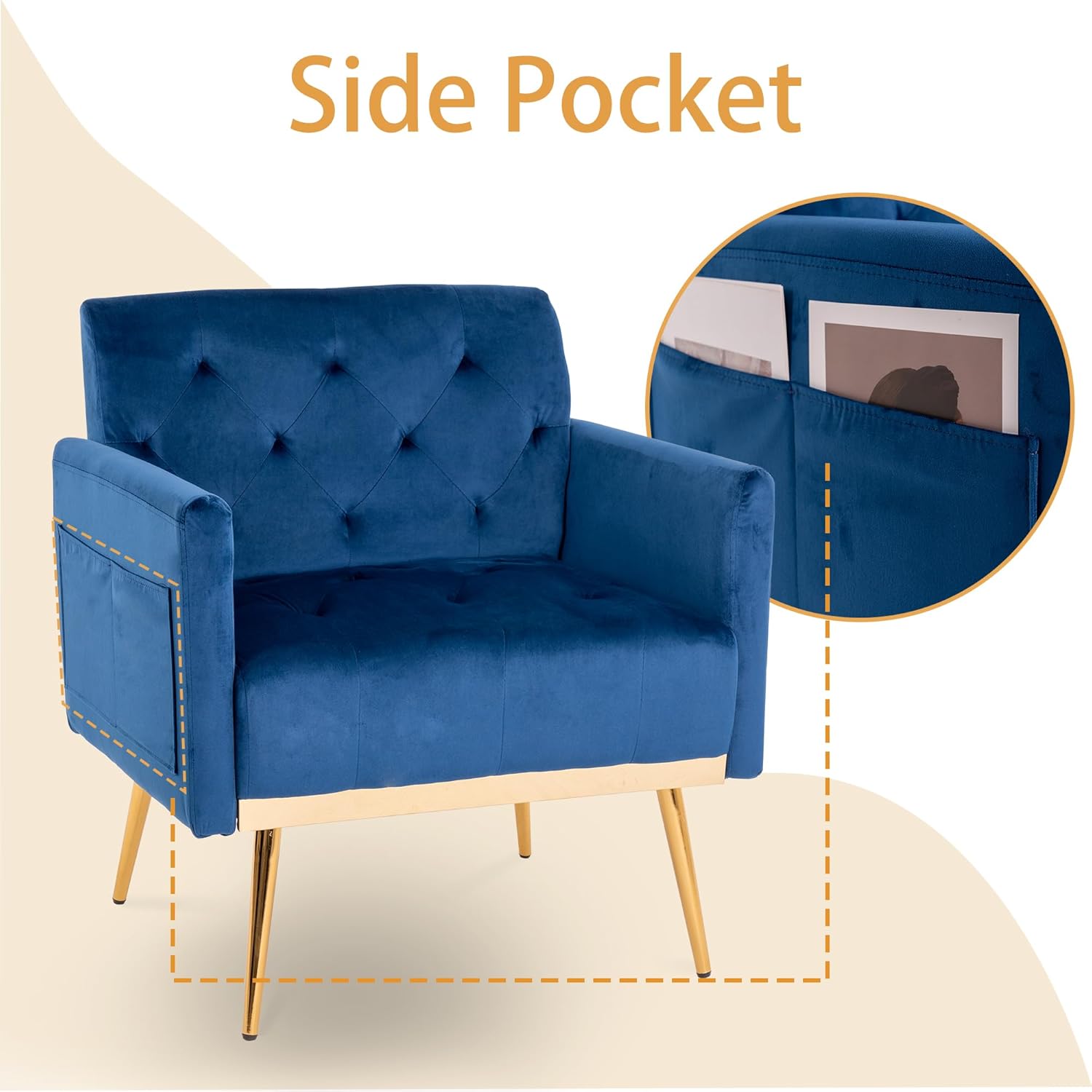 Silla decorativa de terciopelo con patas de metal dorado, silla de lectura moderna de mediados de siglo con bolsillo lateral, cómodo sillón