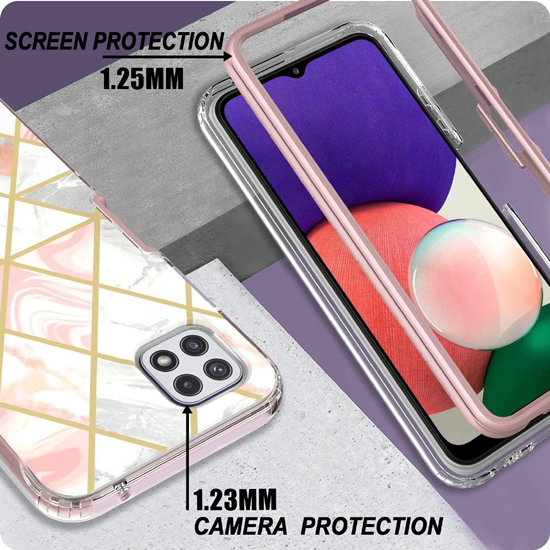Jeylly 5 artículos Funda para Galaxy A22 5G con protector de pantalla y protector de lente de cámara, funda de mármol híbrida de policarbonato duro