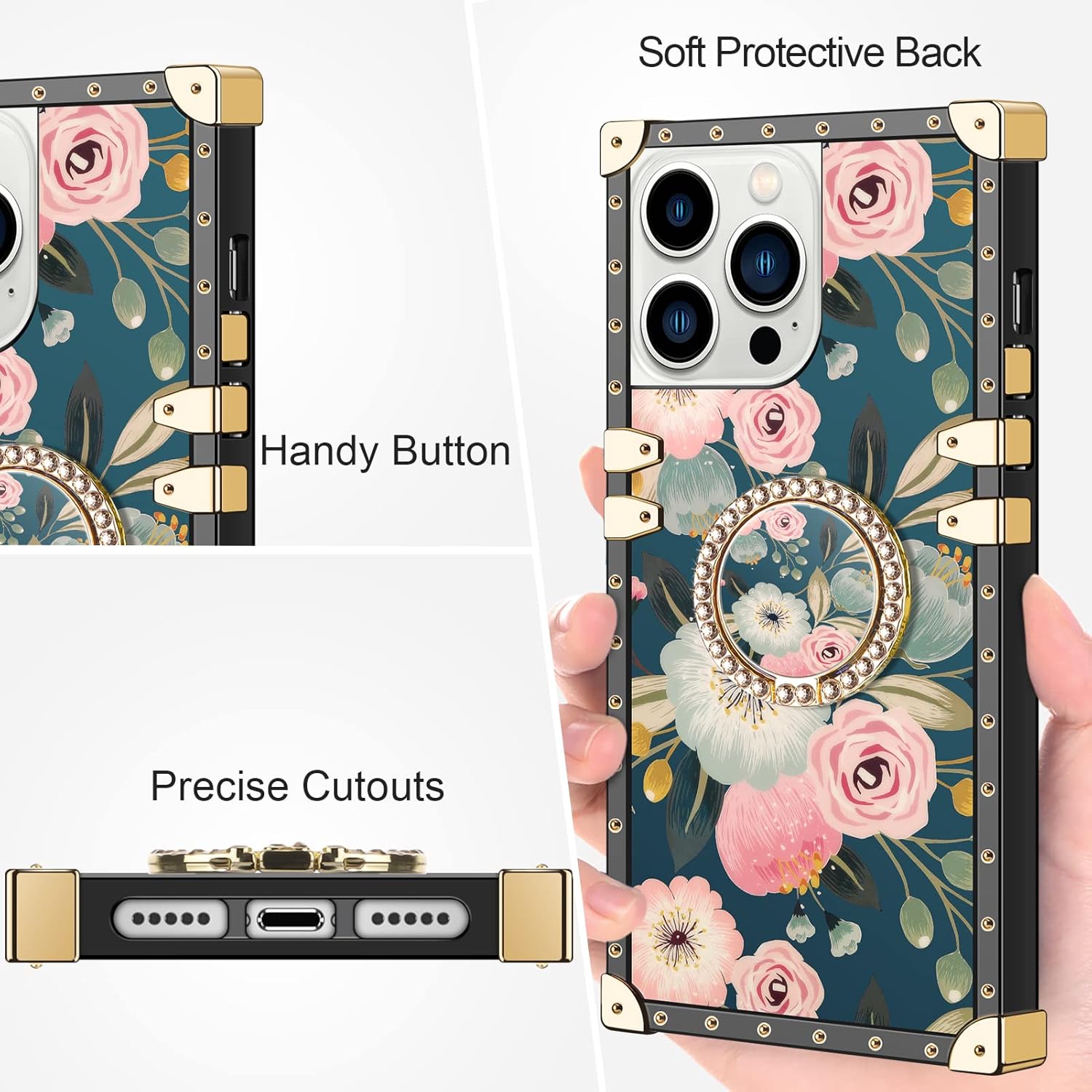 WOLLONY Funda cuadrada compatible con iPhone 15 Pro Max con anillo de soporte, para mujeres y niñas, TPU suave, a prueba de golpes, de silicona