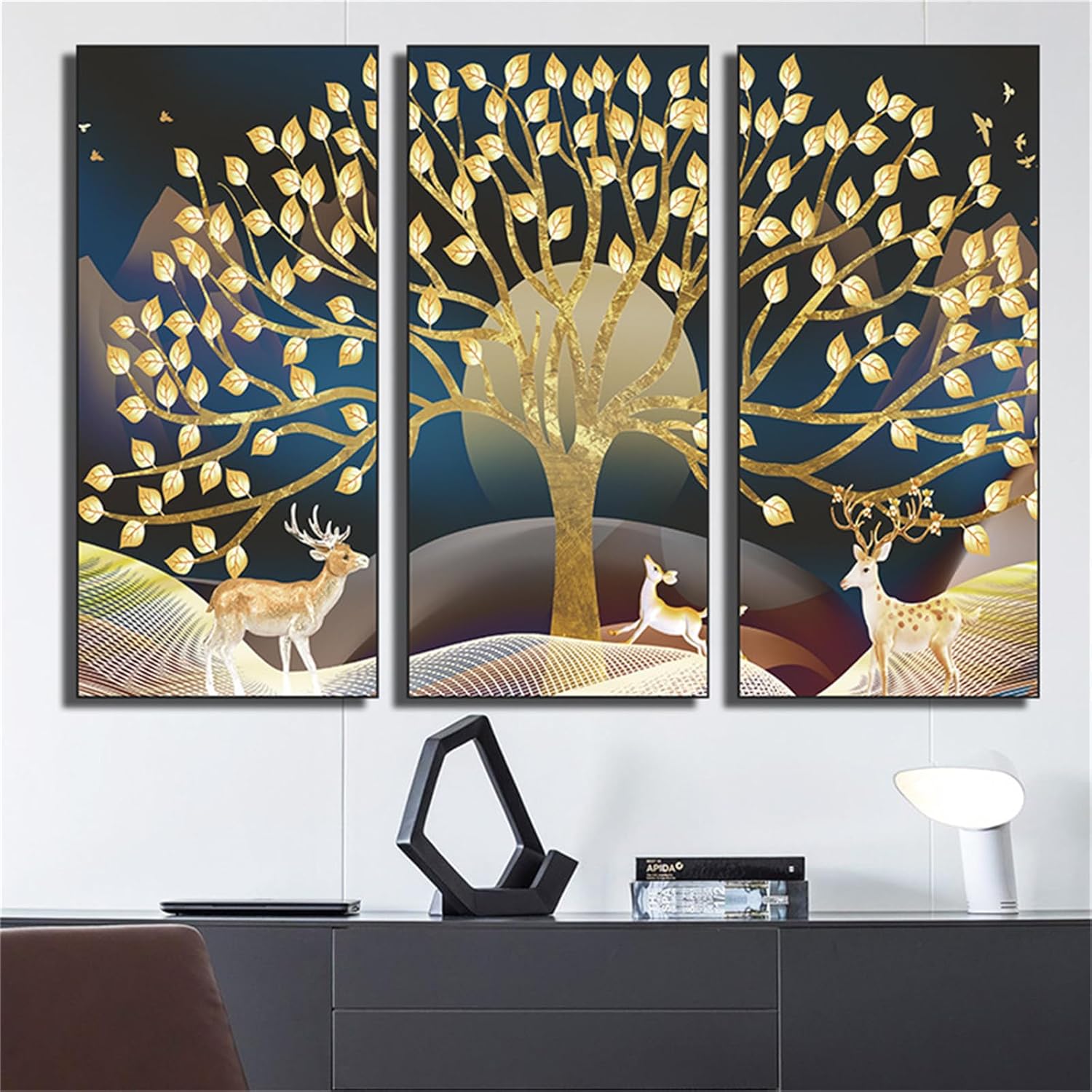 3 calcomanías de pared de alce de árbol doradas, calcomanías de pared simples y modernas para despegar y pegar, removibles para dormitorio, sala de