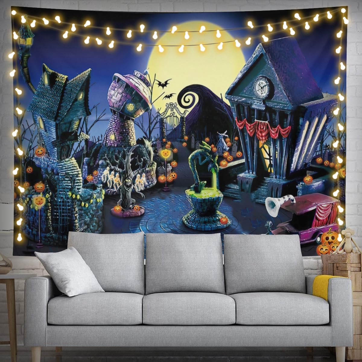 Apiawa Tapiz de luna llena, telón de fondo para fiesta temática de pesadilla, antes de Navidad, fotografía, noche y calabazas, decoración para
