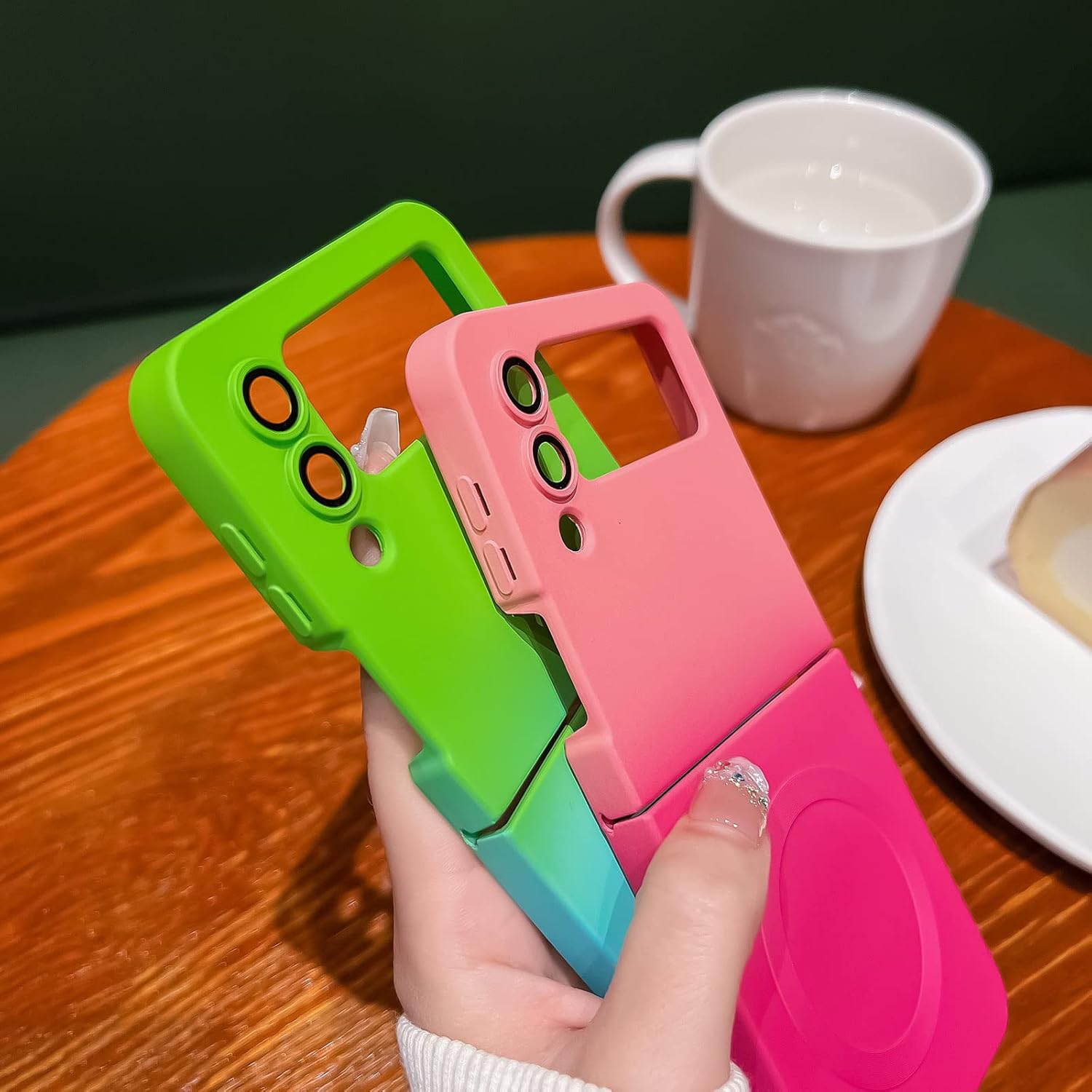 Funda magnética para Samsung Galaxy Z Flip 4 compatible con MagSafe color neón degradado, protector de lente de cámara integrado, suave al tacto,