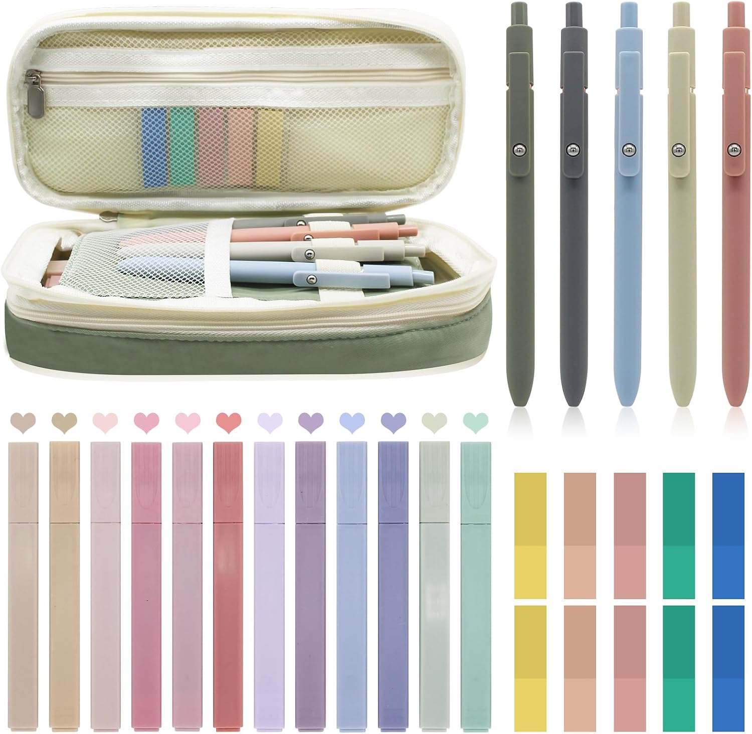 Juego de 20 bolígrafos estéticos de gran capacidad, 5 bolígrafos retráctiles de tinta negra, 12 colores, punta de cincel, 200 hojas, pestañas