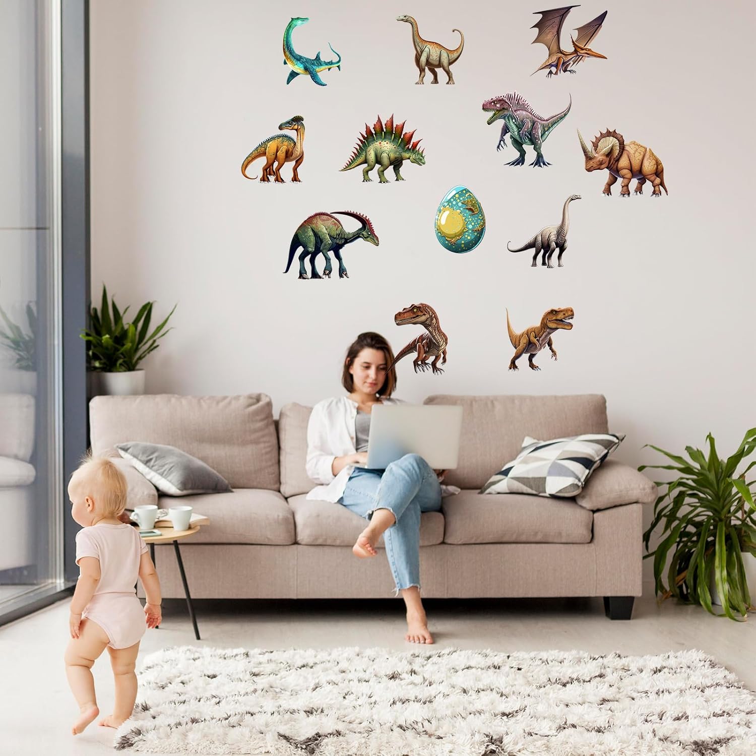 Calcomanías de pared de dinosaurios de dibujos animados, calcomanías de pared de huevo de dinosaurio, murales de pared removibles y lindos