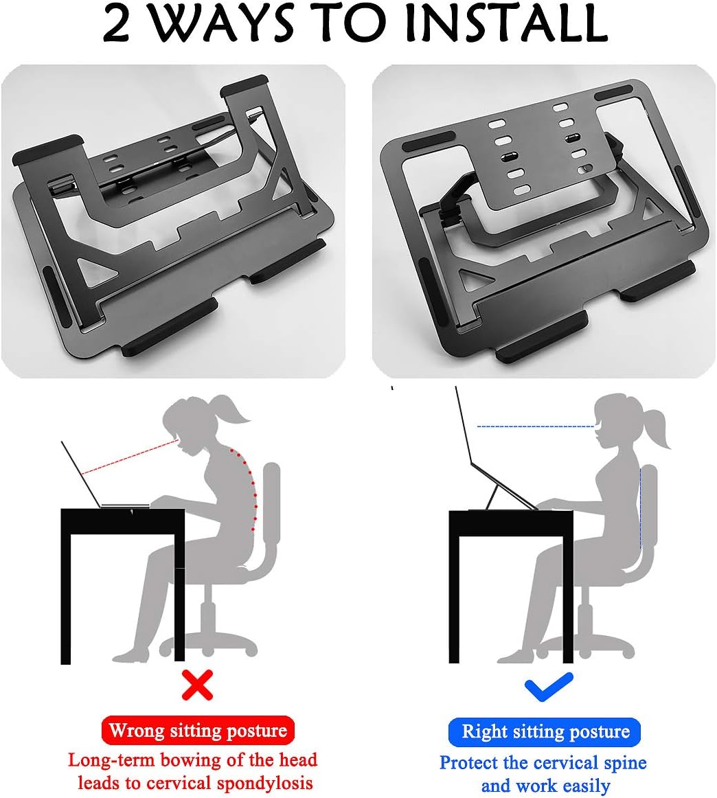 VAWcornic Soporte para computadora portátil para escritorio, soporte ajustable de aluminio para laptop, elevador de computadora plegable ventilado,