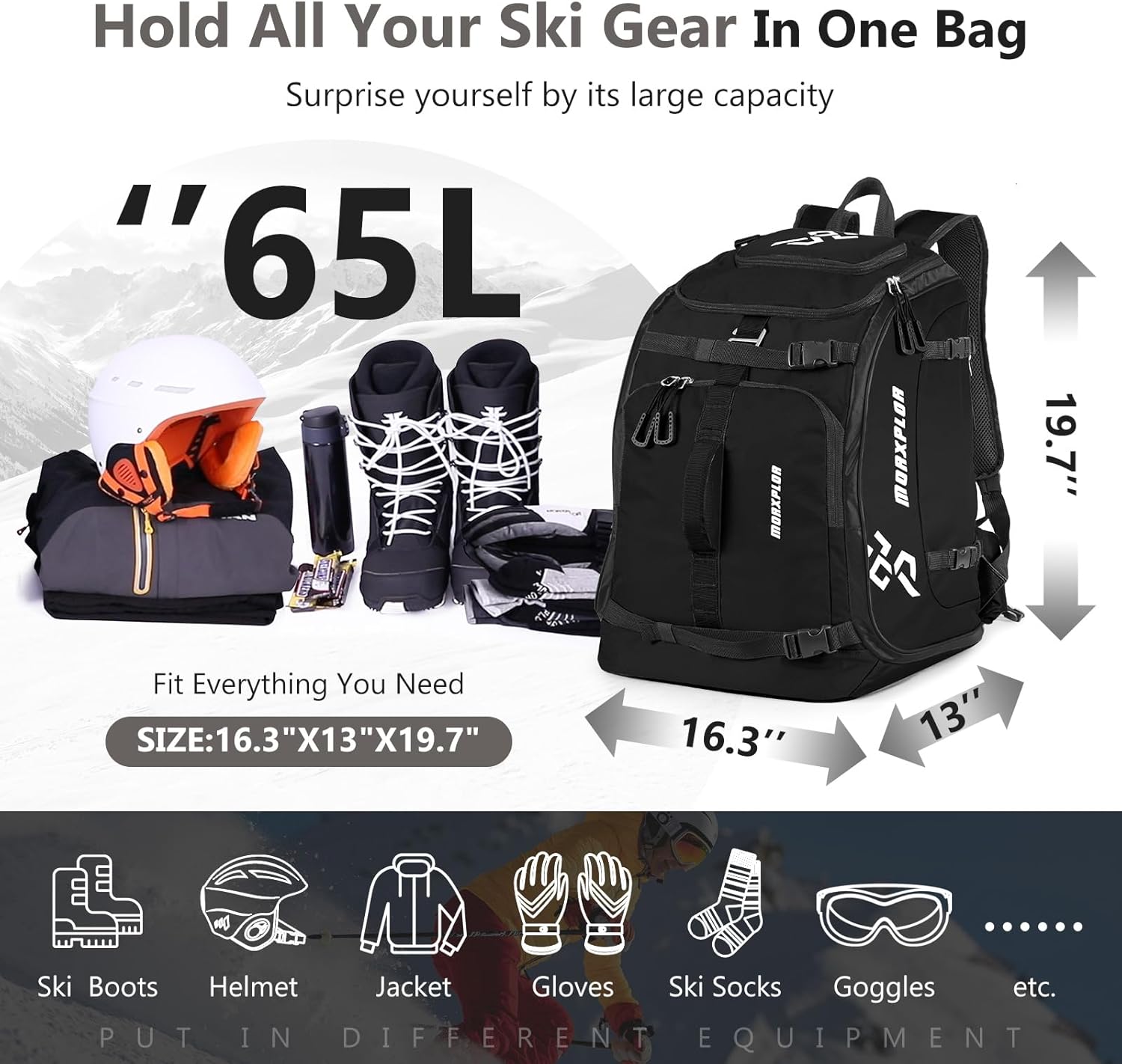 MORXPLOR Mochila para botas de esquí, bolsa acolchada de 60 litros y bolsa para botas de snowboard, bolsa de viaje de esquí impermeable de gran