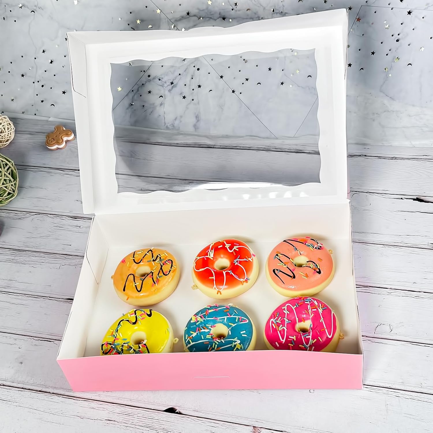 Paquete de 15 cajas de pastelería rosa para panadería de 12 x 8 x 2.5 pulgadas, donas grandes, magdalenas, cajas de galletas con ventana de PVC,