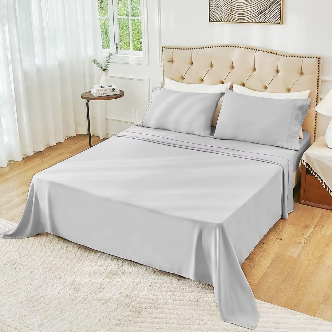 Juego de sábanas de tamaño matrimonial, color gris claro, sábanas bajeras y fundas de almohada, 4 piezas de microfibra de enfriamiento suave para
