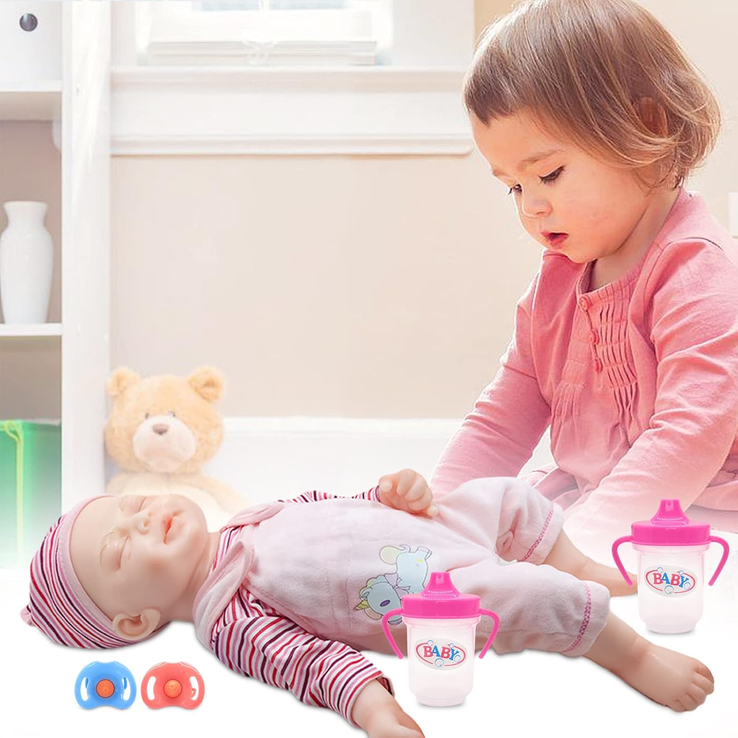 Juego de biberones para muñecas, 2 tazas para beber muñecas con 2 chupetes de juguete, accesorios para muñecas de bebé, juguetes para regalo para