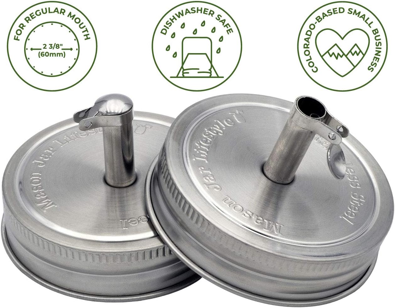 Mason Jar Lifestyle Paquete de 2 tapas de acero inoxidable de boca regular para verter aceite