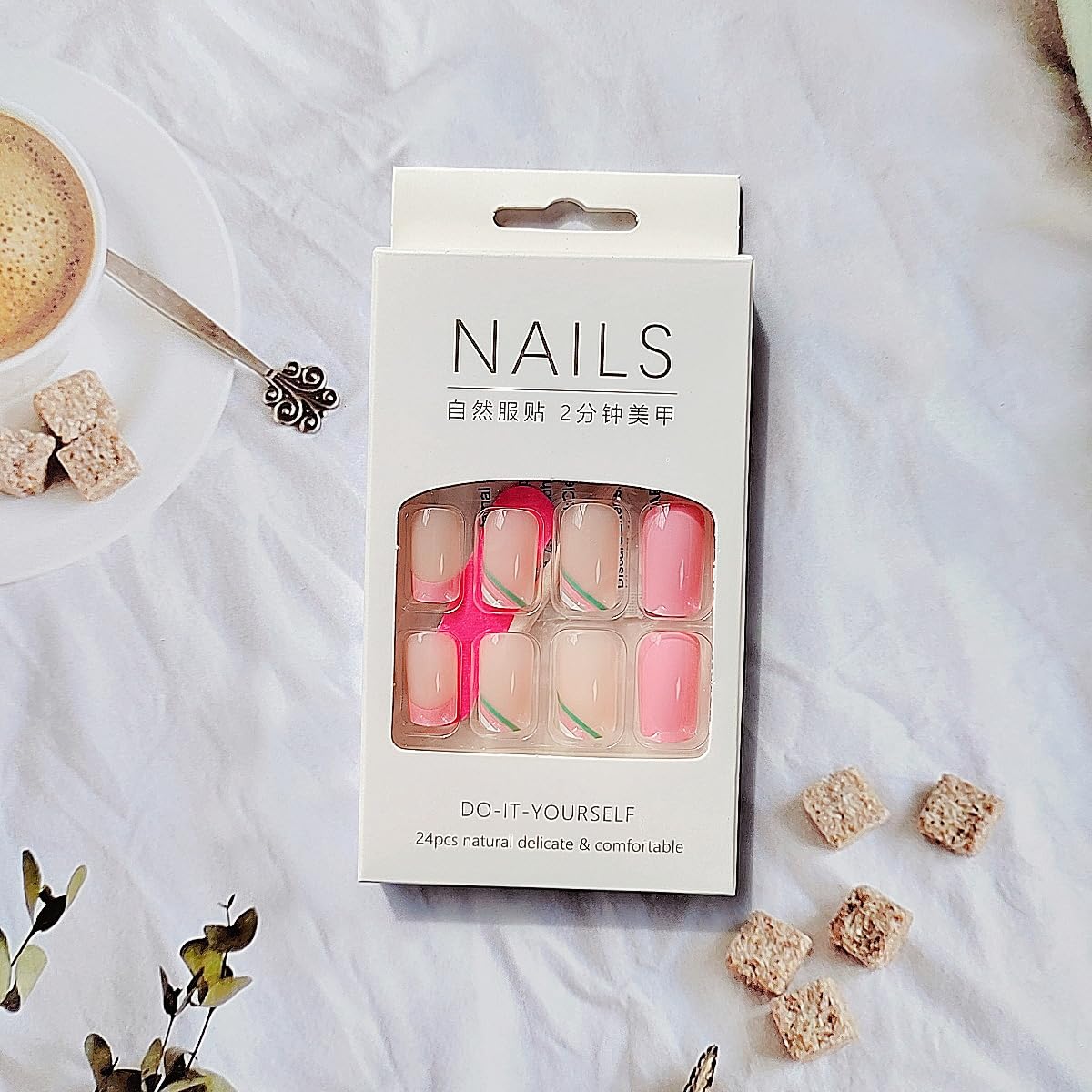Uñas postizas de punta francesa, cuadradas, cortas, a presión, color sólido, uñas acrílicas con diseños de rayas rosas y verdes, uñas adhesivas