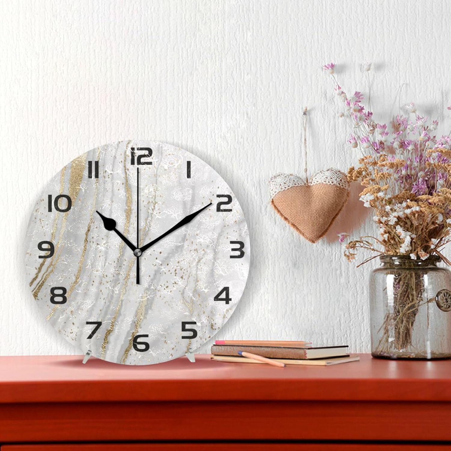 Reloj de pared de mármol oro rosa de 10 pulgadas, silencioso, sin tictac, de cuarzo, funciona con pilas, redondo, digital, fácil de leer, para el