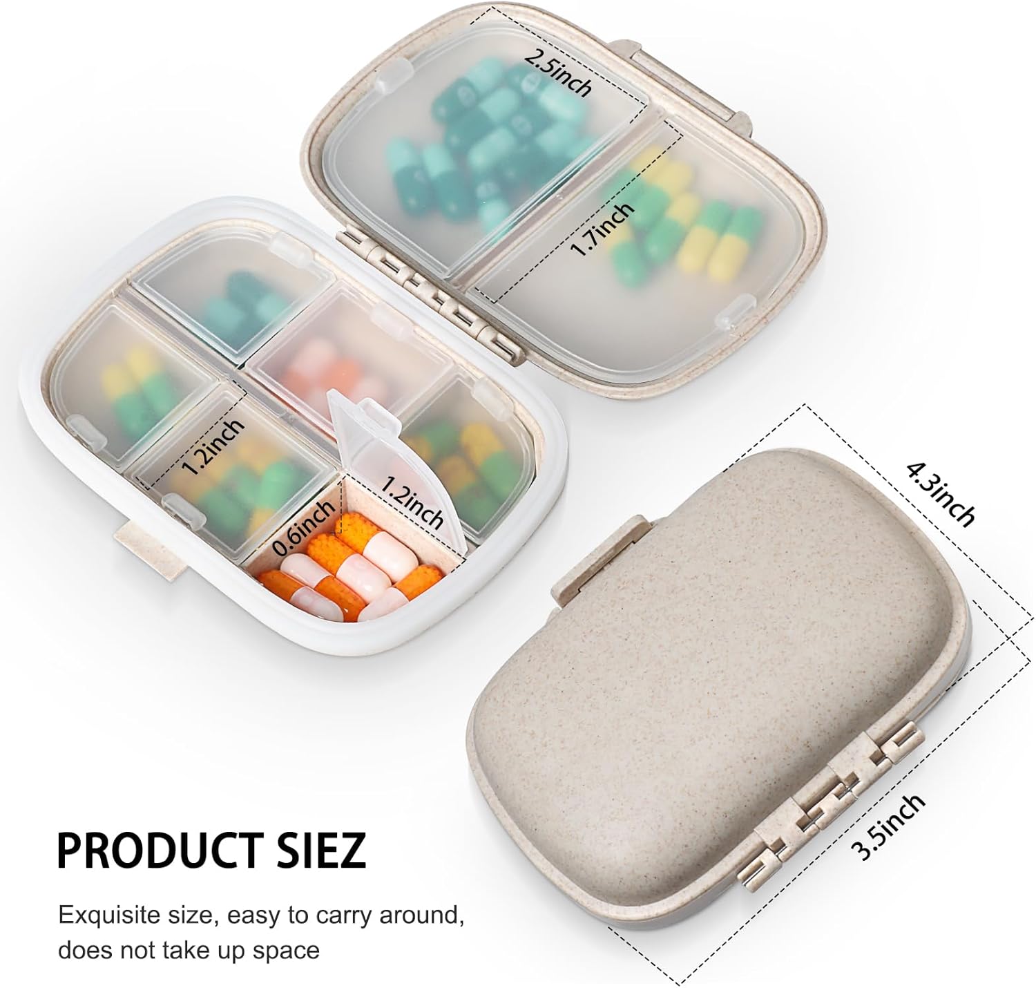 Ouzorp Paquete de 2 pastilleros de viaje de 8 compartimentos, pastillero portátil impermeable, estuche para medicamentos, pastillero pequeño para