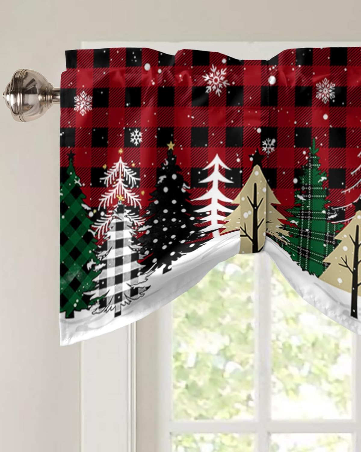 Gogobebe Cortinas de cenefa de amarre para ventana de cocina, diseño de búfalo verde, copos de nieve, color negro, rojo, a cuadros, con bolsillo