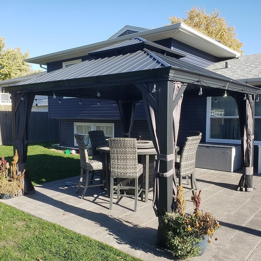 Domi – Cenador de techo rígido de 10 x 12 pies, kiosco de aluminio para exteriores con doble techo de acero galvanizado, cenador permanente con