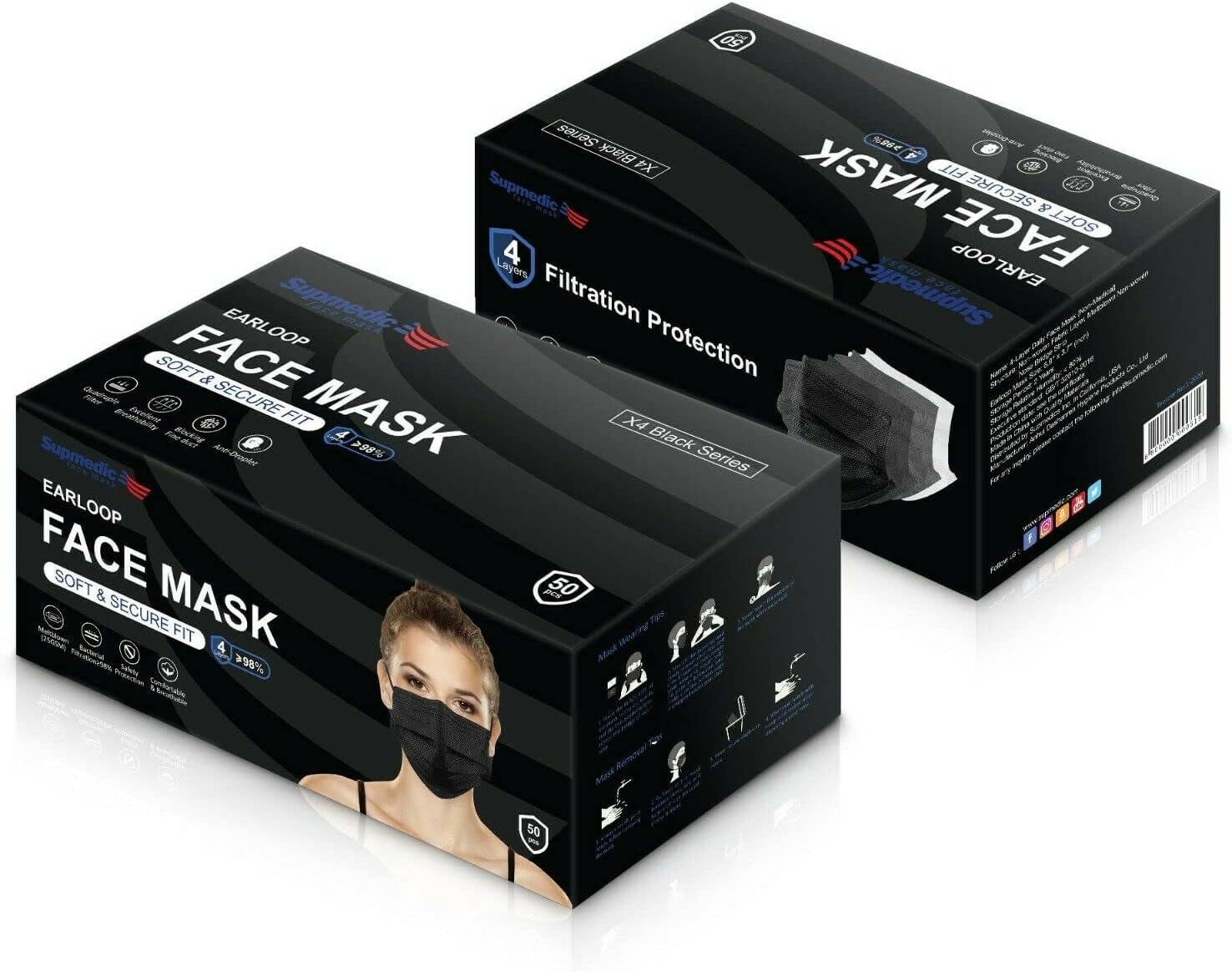 Cubrebocas desechables de 4 capas, transpirables, color negro, 50 unidades, 100 unidades (negro)