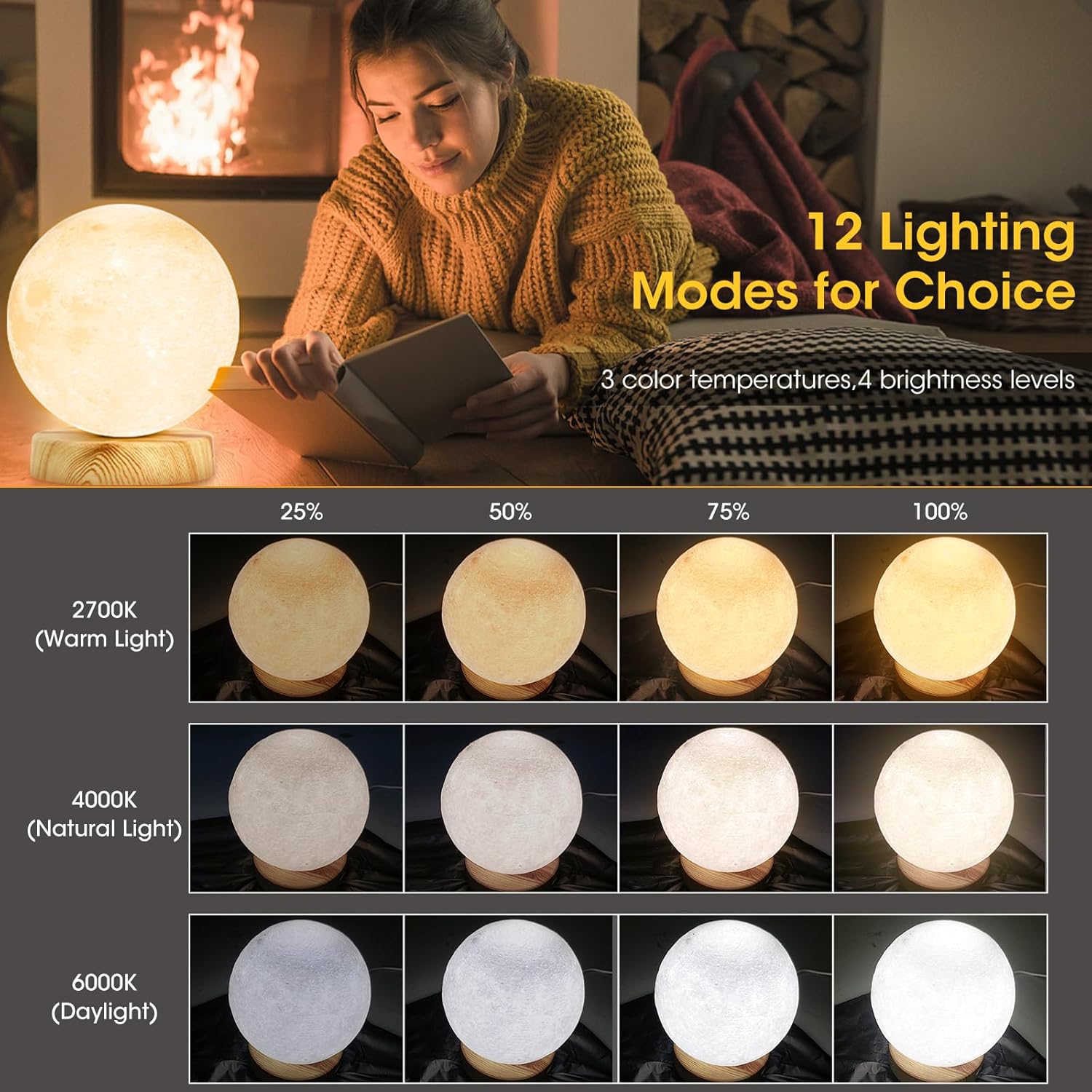 H&B Happy – Lámpara de terapia de luz 10000 LUX, lámpara de luz solar con 3 temperaturas de color, 4 niveles de brillo (redonda)