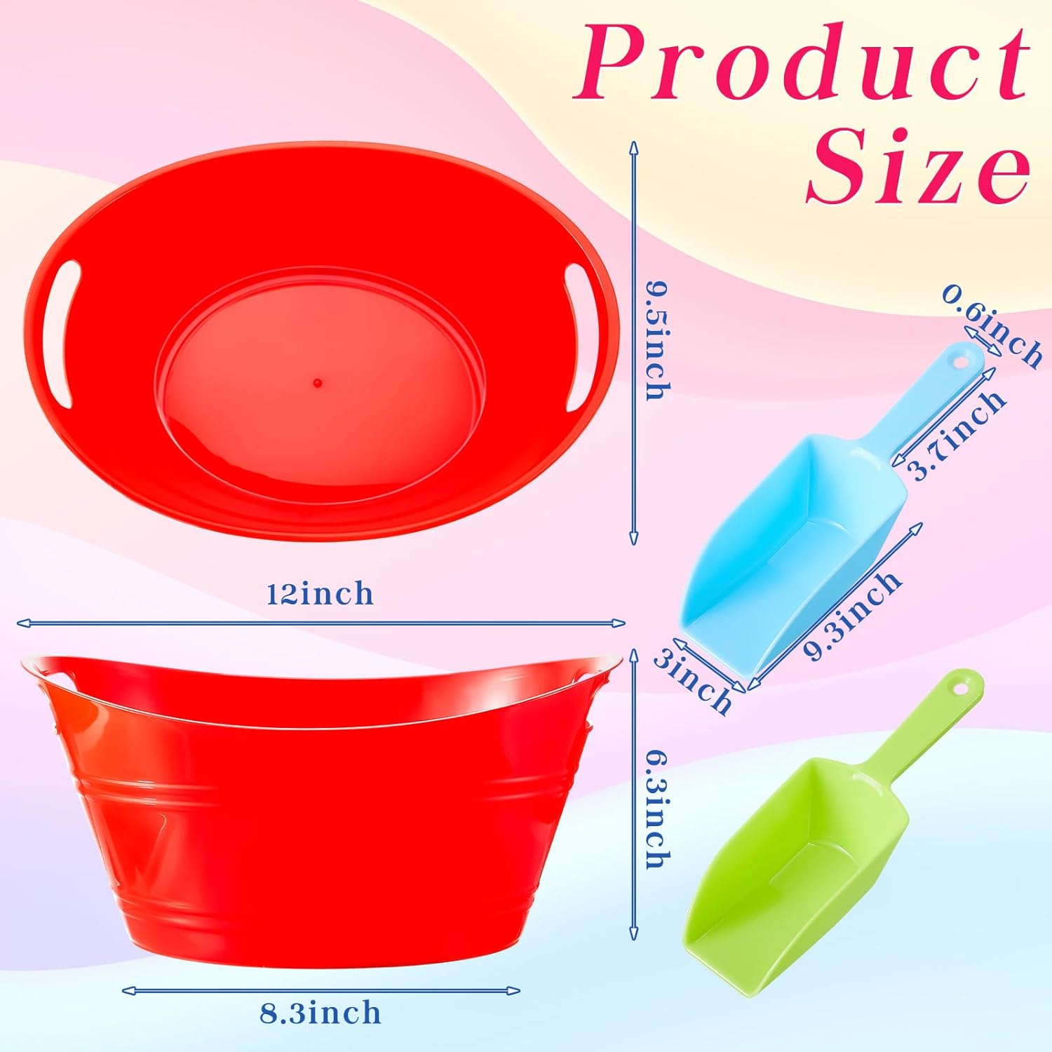 Dandat 24 cubos de hielo de colores, cuchara de hielo de plástico a granel, 4.5 l, ovalada, con asas, gran capacidad, contenedores de almacenamiento