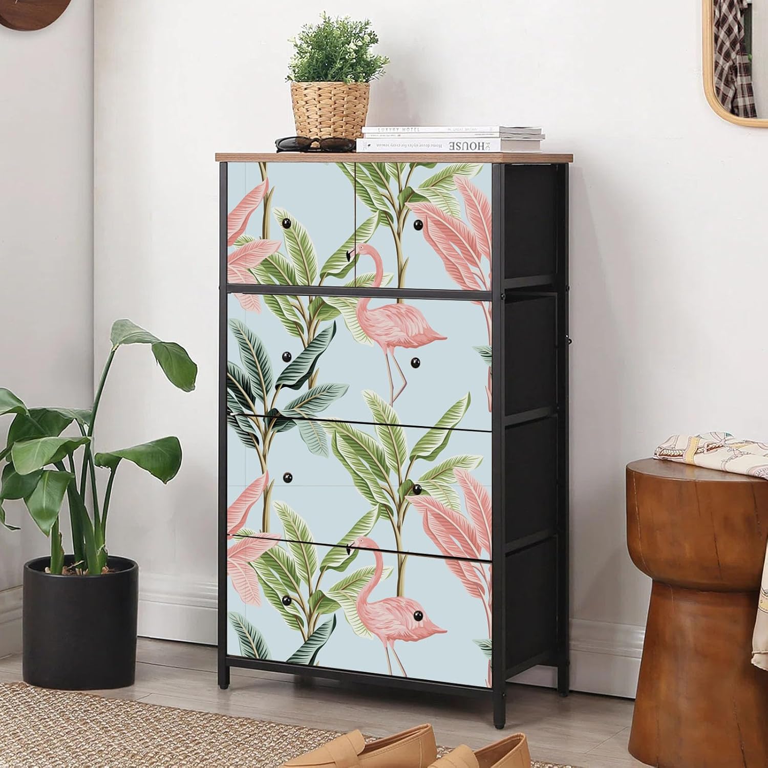 Papel tapiz de flamenco con diseño de pájaros tropicales, removible, floral, hojas verdes, bohemio, fácil de despegar, autoadhesivo, para