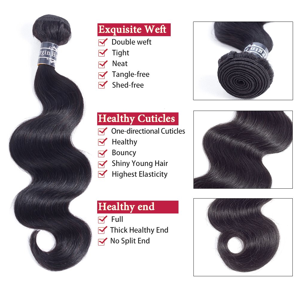 Amella Hair, Cabello humano brasileño virgen 100% sin procesar. 3 extensiones de Cabello brasileño ondulado (16 18 20, 10.05 onzas) Extensiones de