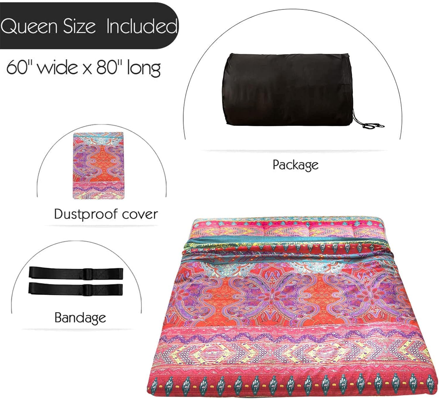 MAXYOYO Colchón tamaño Queen Futón Cama portátil Colchón japonés Colchón cama colchón plegable Colchón cama Queen Colchón cama japonesa Colchón