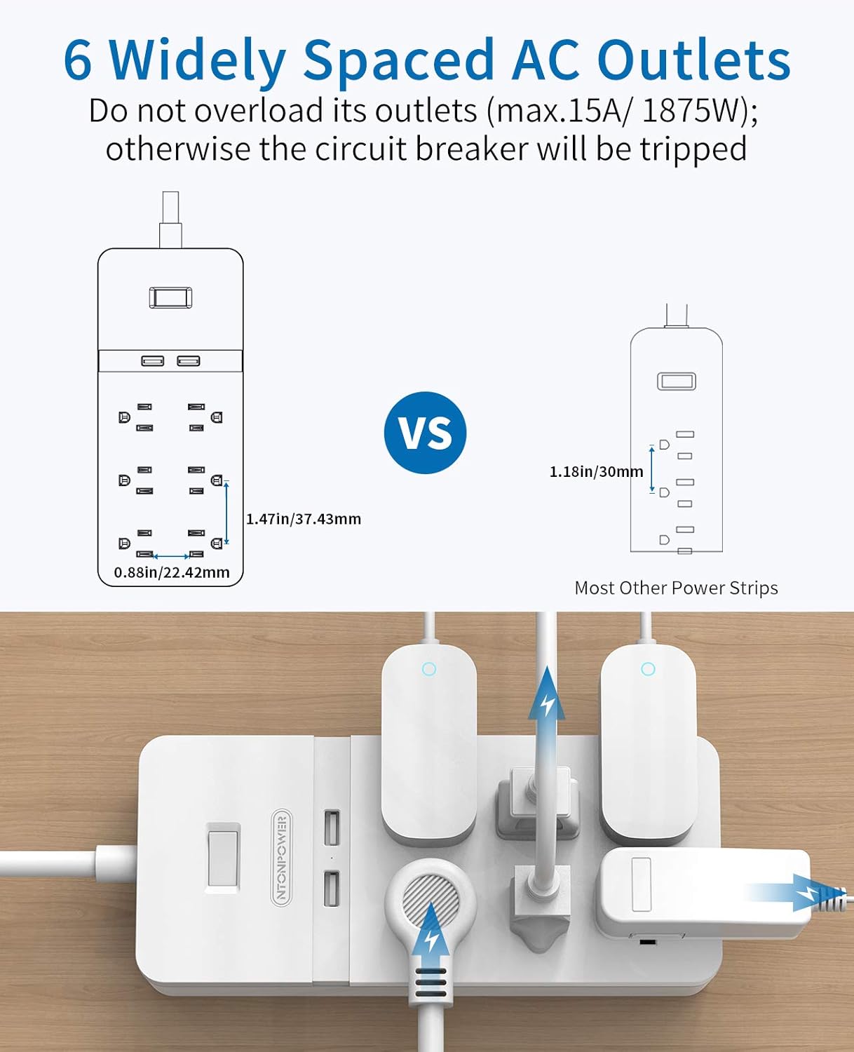 Regleta de alimentación de 2 clavijas con cable de extensión de 10 pies, protector de sobretensiones de enchufe plano NTONPOWER con 6 tomas, 2