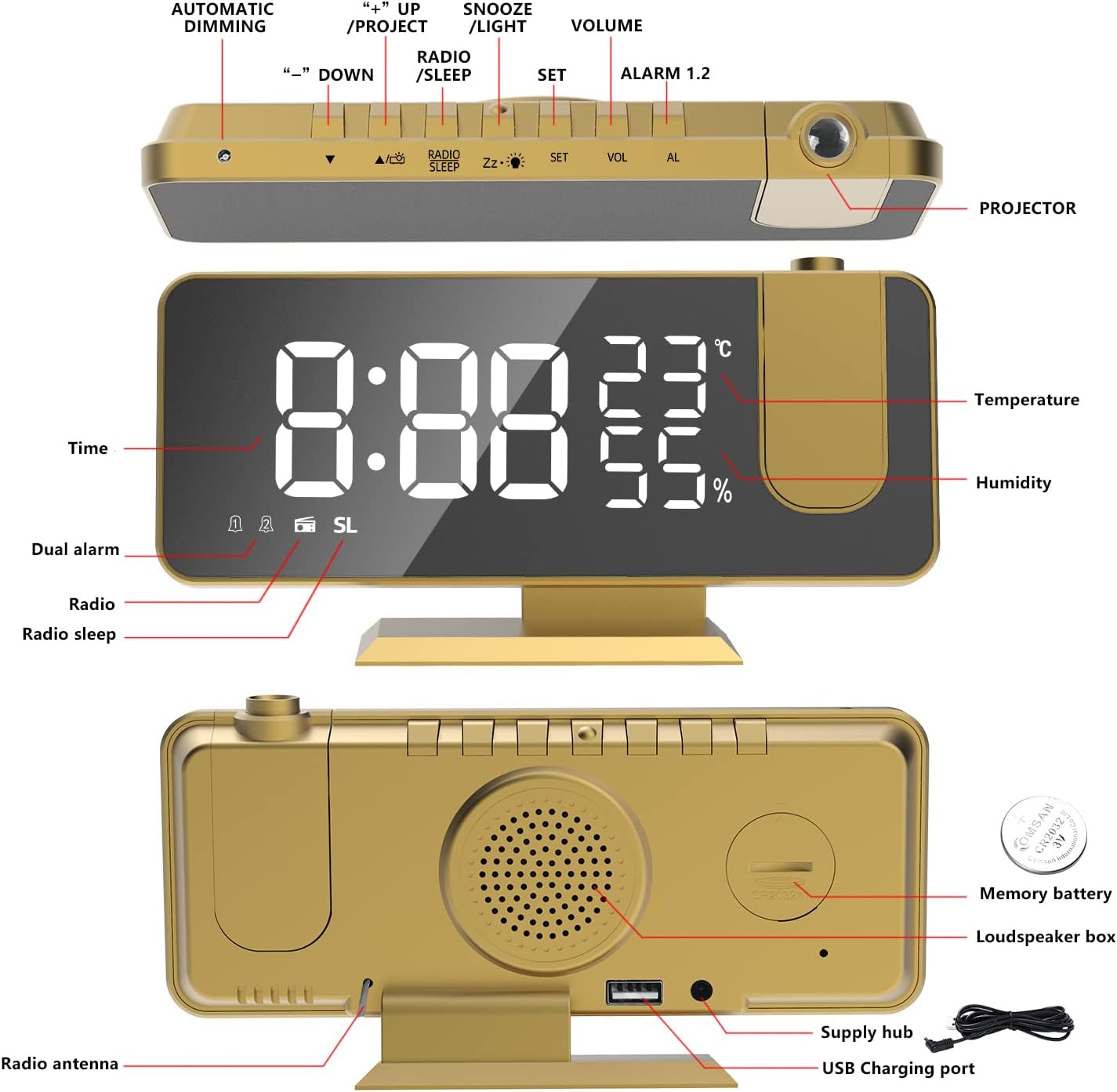Mightree Reloj despertador de proyección para dormitorio, reloj despertador digital con cargador USB, pantalla de espejo LED grande de 7.4 pulgadas,