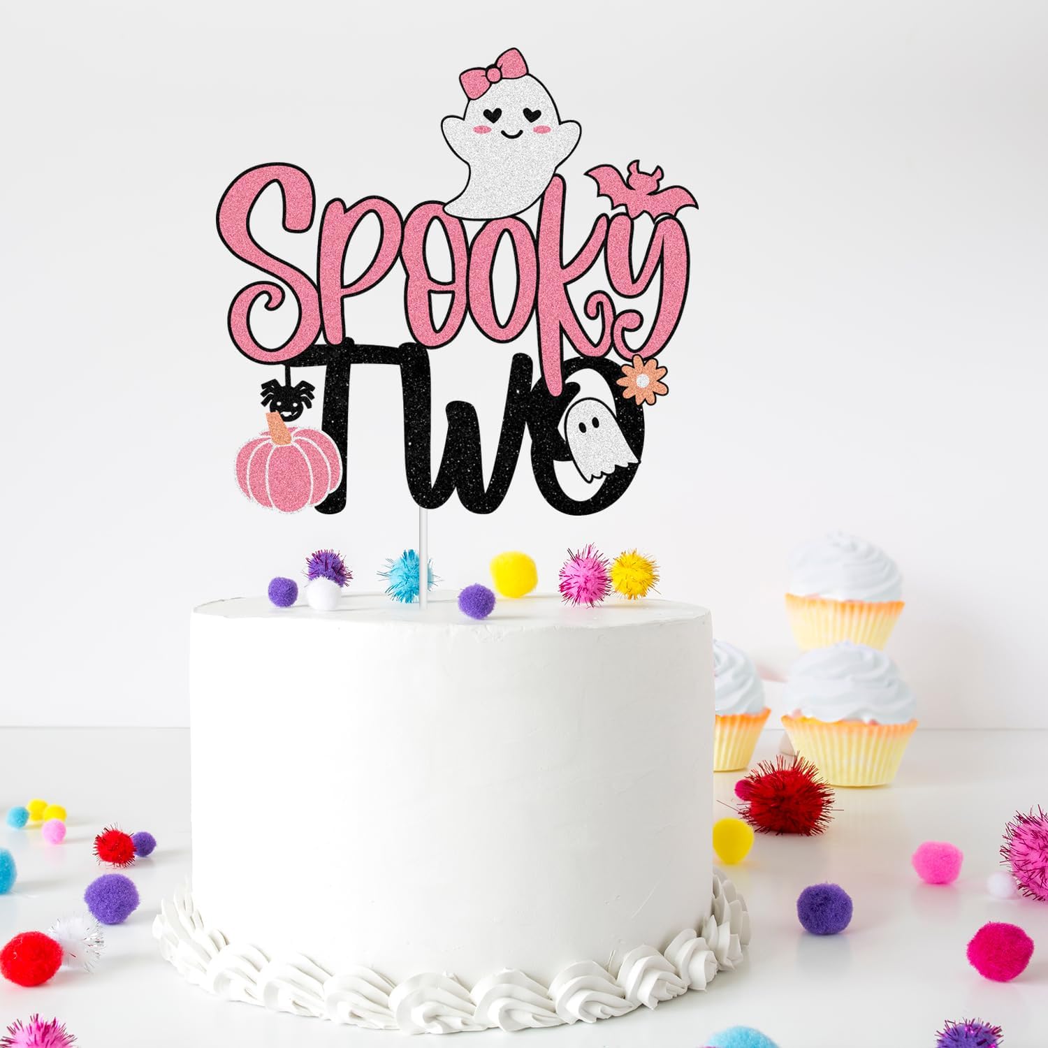 Spooky Two Halloween Happy 2nd Birthday Cake Topper  Boo I’m Two Spooky Ghost Pink Glitter Cake Topper  Feliz segundo cumpleaños fiesta para niña