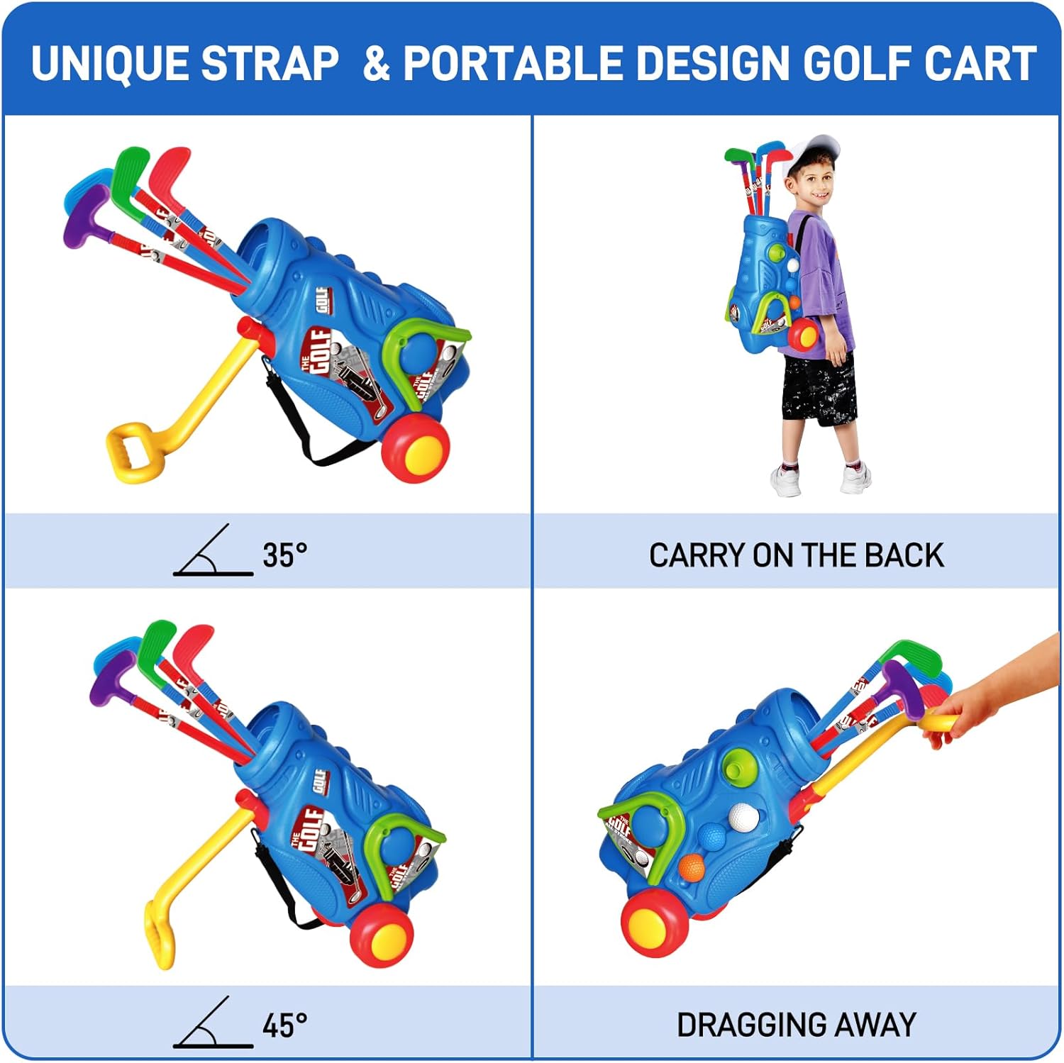 Sukabala Juego de golf para niños pequeños, palos de golf para niños con carrito de golf, tapete de puting, 4 palos, 2 agujeros de práctica, 8