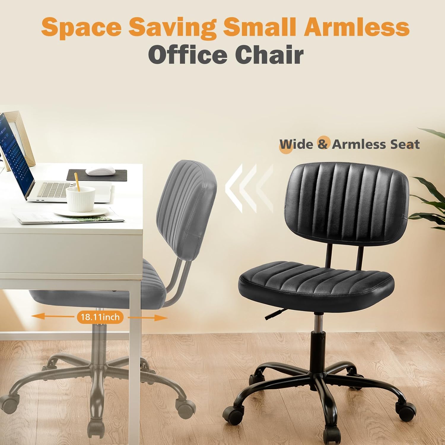 Sweetcrispy Silla pequeña de escritorio de oficina con ruedas y soporte lumbar, cómoda silla giratoria de piel sintética con ruedas y soporte