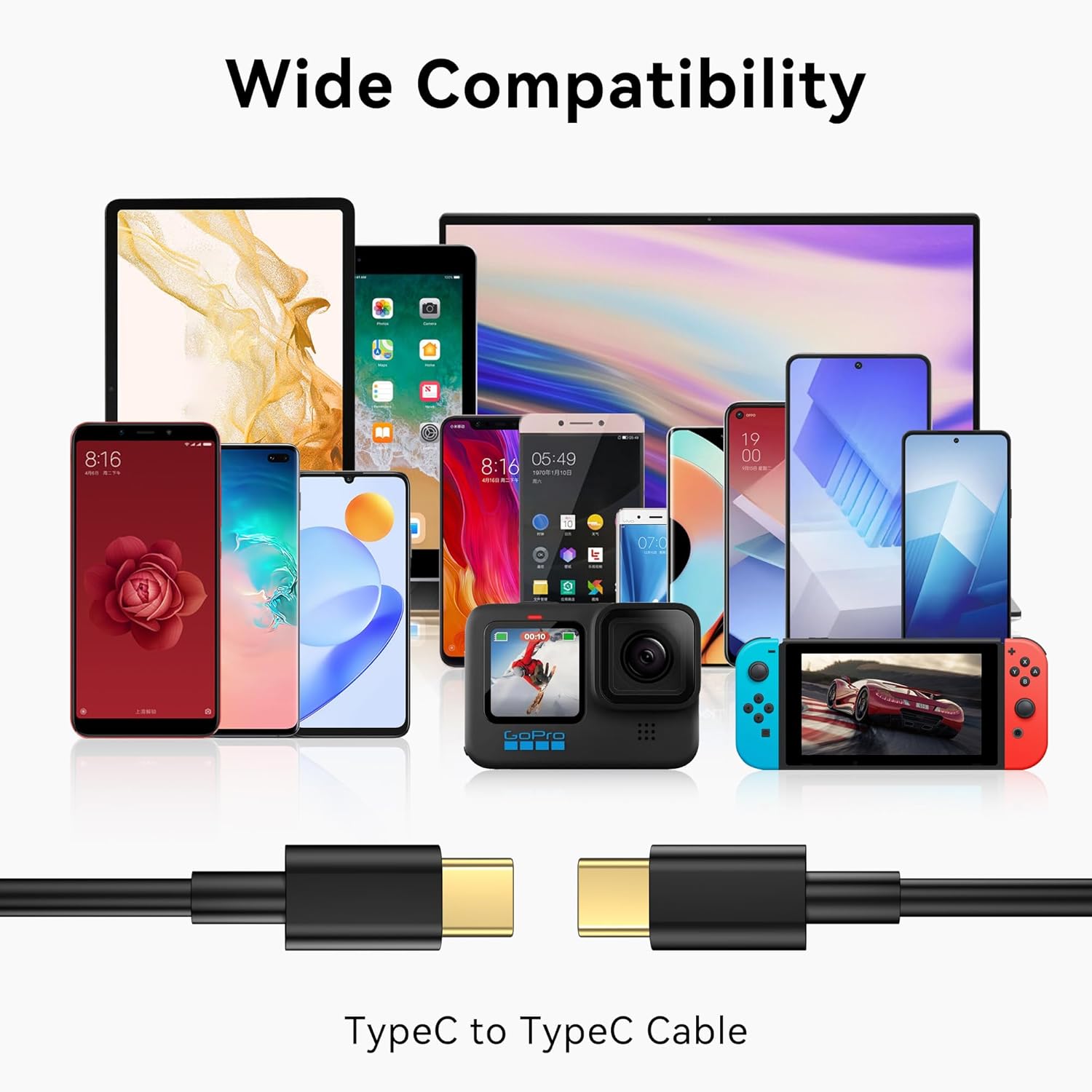 Cable USB C a USB C de 10 pies (paquete de 10), cable de carga rápida tipo C, cargador de 20V3A 60W (máximo) compatible con Samsung S23S22S21S20,